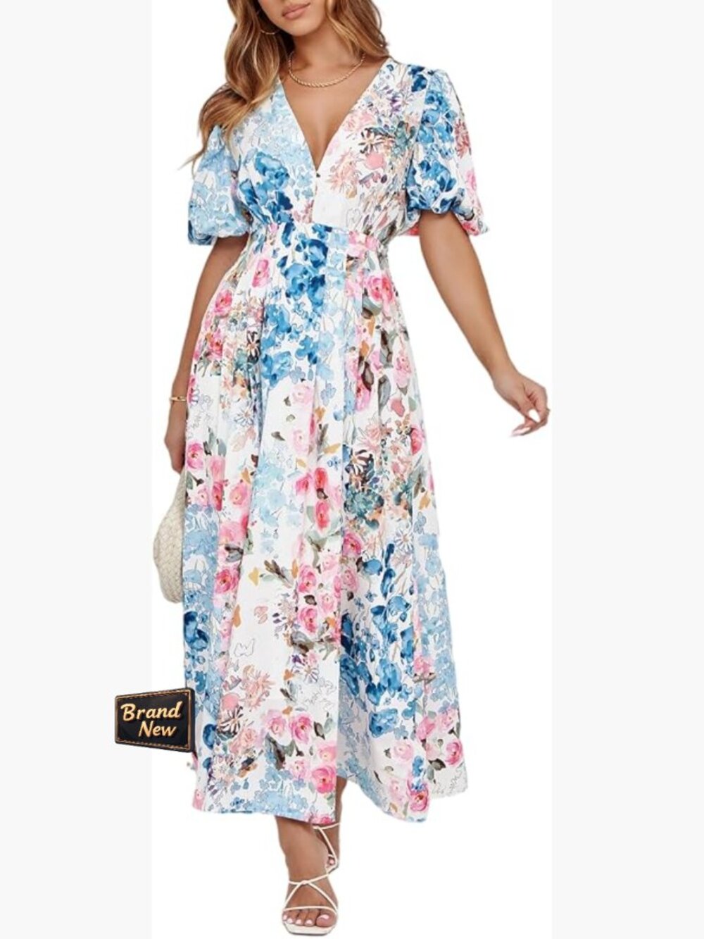 Women's Floral Maxi Dress V-Neck Short Sleeve A-Line Wedding Guest
